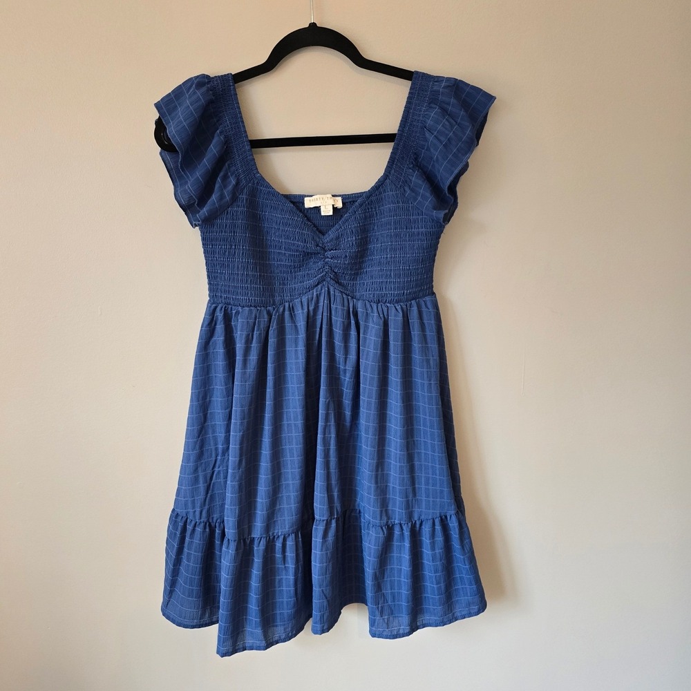 Thirty/Thirty LA Blue Smocked Tiered Mini Dress Flutter Sleeve Grid Print